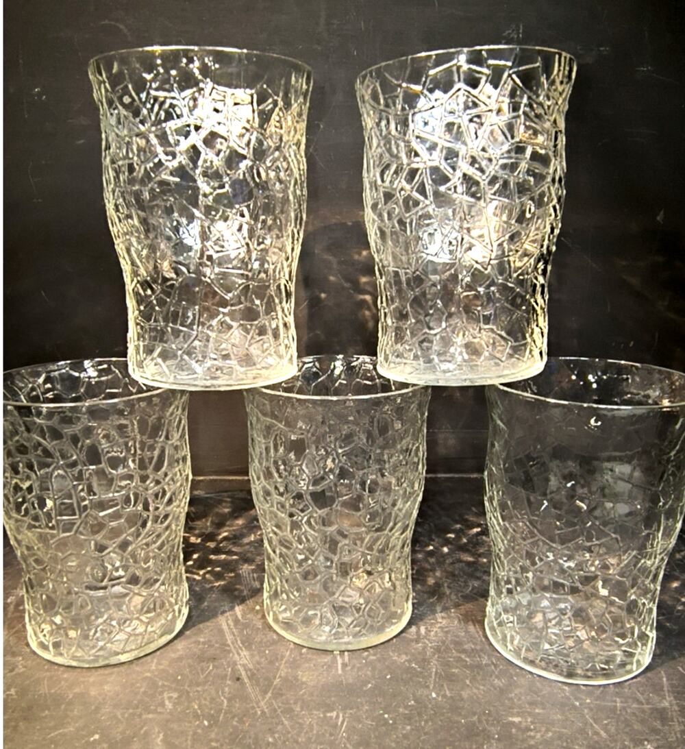 2061. Set of 5 Clear Crackle Design Glass Juice Tumblers Cocktail Glasses 1930s